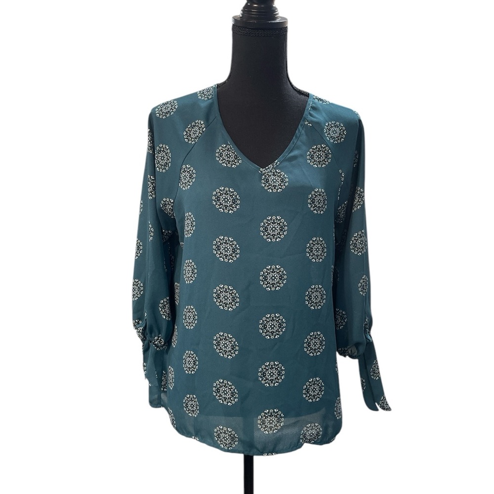 Papermoon Teal and White Relaxed Tie Sleeve Blouse